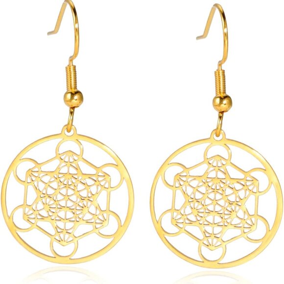 Gold Stainless Steel Metatron’s Cube Earrings with Sacred Geometry Design for Wo - Picture 1 of 8